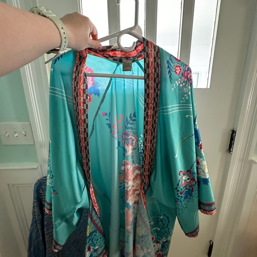Aqua and Pink Floral Satin Kimono
